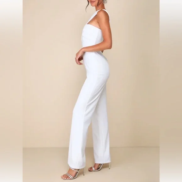 Lulus Devoted to Fun Ivory One-Shoulder Sleeveless Jumpsuit Size Medium NWOT - Picture 2 of 15